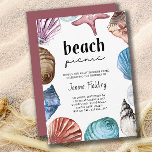 Convite Seashell Watercolor Beach Picnic Birday