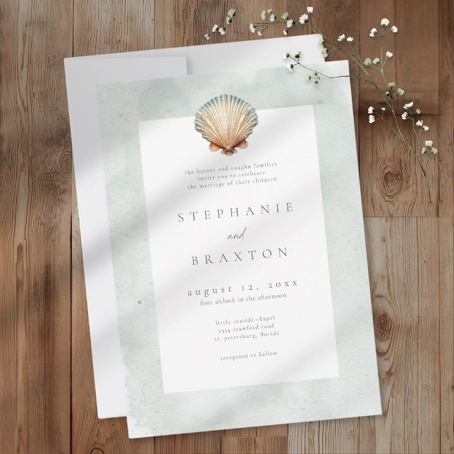 Convite Seashell Watercolor Minimalist Beach Wedding (Seashell Watercolor Minimalist Beach Wedding Invitation)