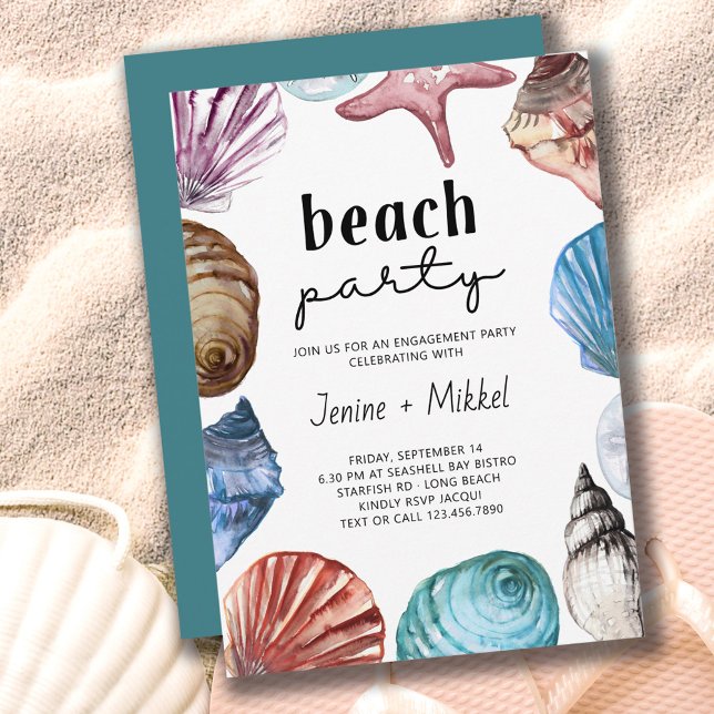 Convite Seashell Watercolor Noivado Beach Party (Criador carregado)