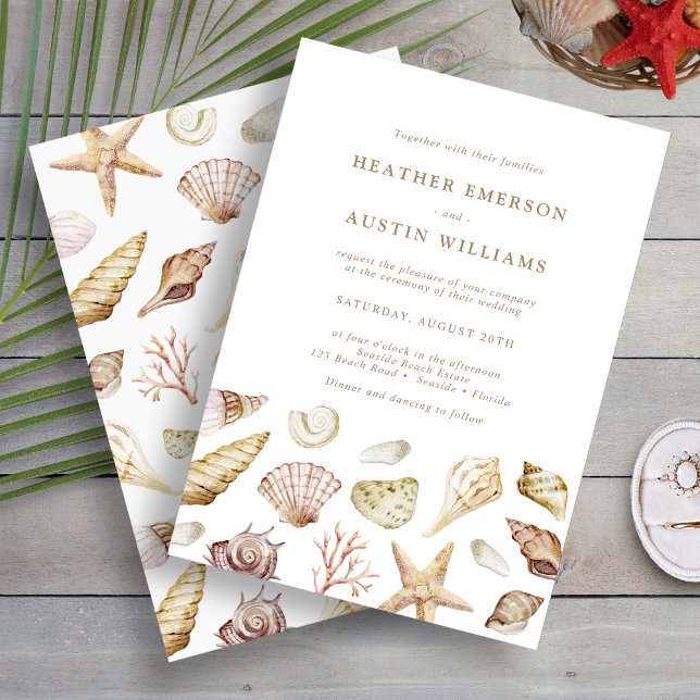 Convite Seashell Wedding (Seashell Watercolor Elegant Beach Wedding Invitation by Painted Paperie
)