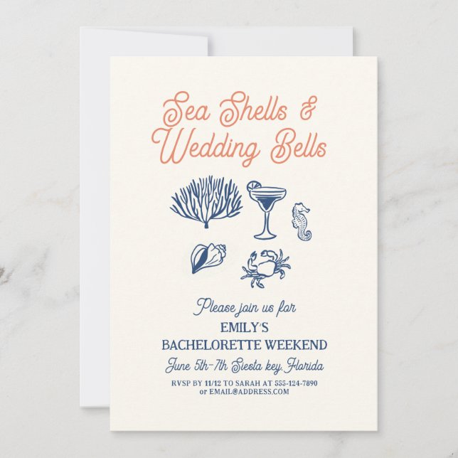 Convite Seashell Wedding Bells  Bachelorette Weekend (Frente)