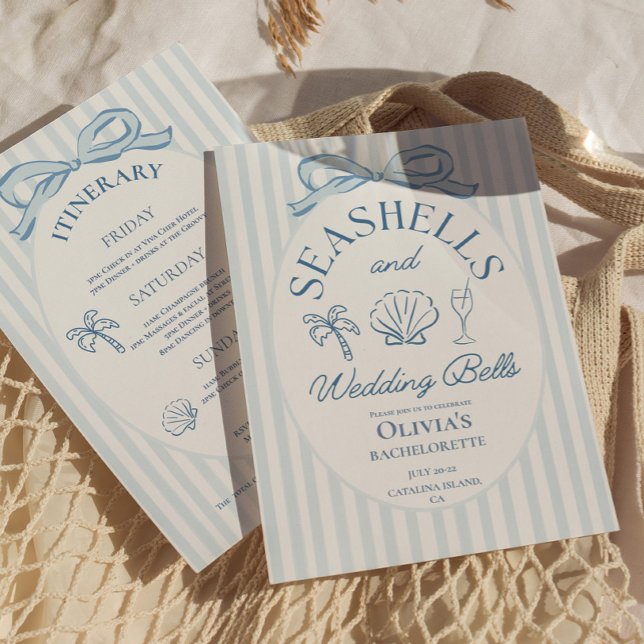 Convite Seashells and Wedding Bells Bachelorette Itinerary (seashells and wedding bells bachelorette invitations)