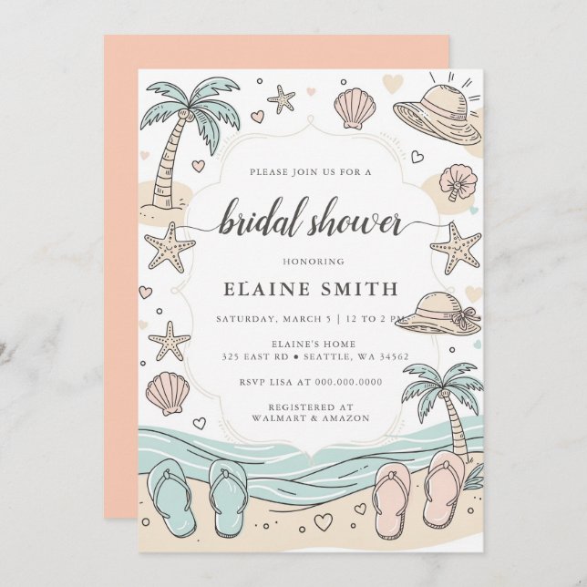 Convite Seashells and Wedding Bells Beach Bridal Shower (Frente/Verso)