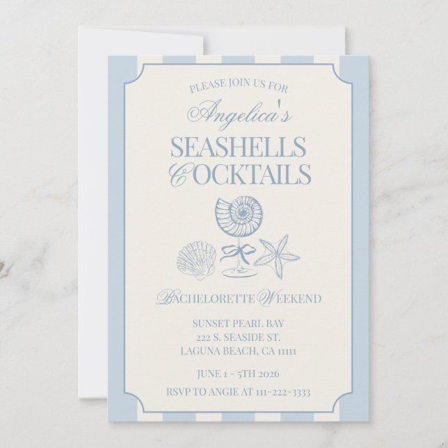 Convite Seashells & Cocktails Bachelorette Itinerary and (Frente)