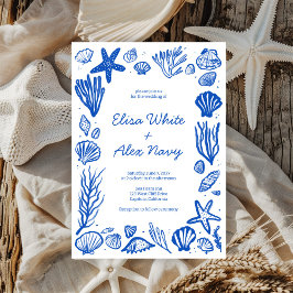 Convite Seashells Frame Beach Casamento Blue CUSTOM
