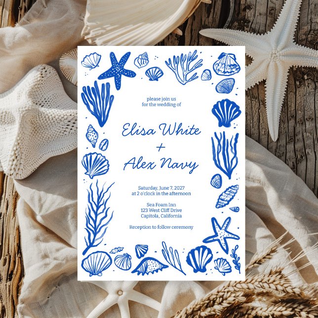 Convite Seashells Frame Beach Casamento Blue CUSTOM (Seashells Frame Beach Wedding Blue CUSTOM Invitation
)