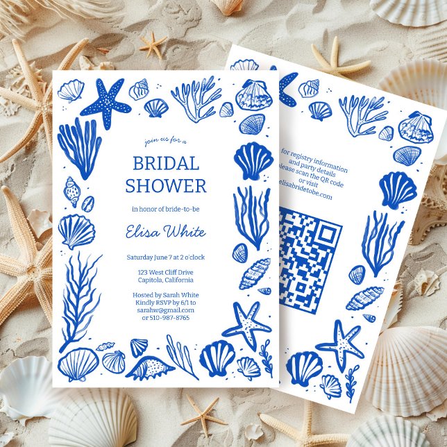 Convite Seashells Frame Chá de panela Blue Beach PERSOM QR (Seashells Frame Bridal Shower Blue Beach CUSTOM QR Code Invitation Summer Ocean Coast  Chic Elegant
)