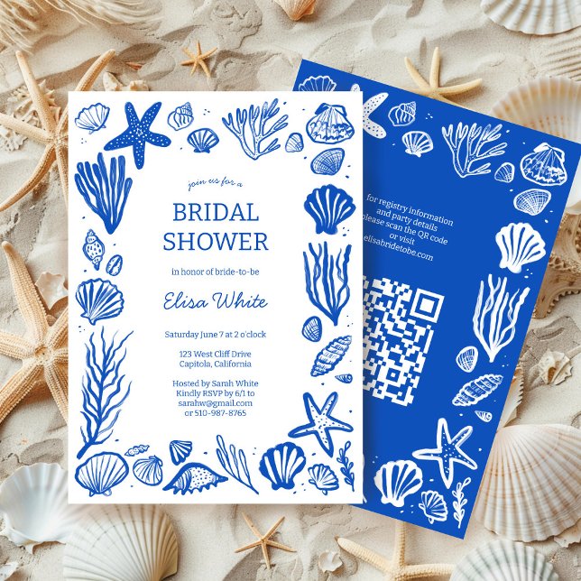 Convite Seashells Frame Chá de panela Blue Beach PERSOM QR (Seashells Frame Bridal Shower Blue Beach CUSTOM QR Code Invitation Summer Sea Coast Chic ELegant 
)
