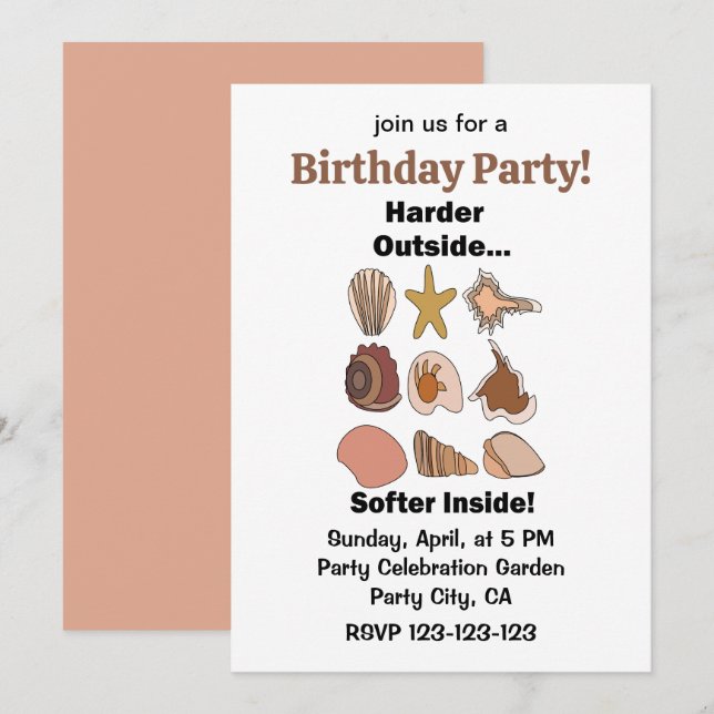 Convite Seashells Hard Outside Soft Inside Birthday Party (Frente/Verso)