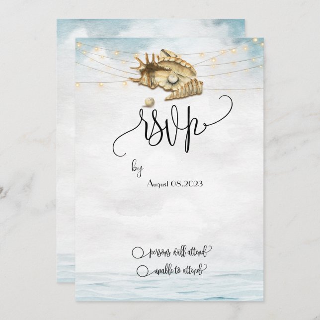 Convite Seashells,Sea,String Lights Script RSVP (Frente/Verso)