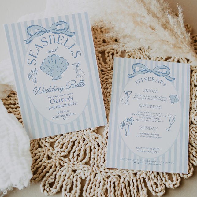 Convite Seashells & Wedding Bells Bachelorette Itinerary (Seashells & Wedding Bells Bachelorette Itinerary Invitation)