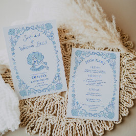 Convite Seashells Wedding Bells Whimsical Bachelorette Blu