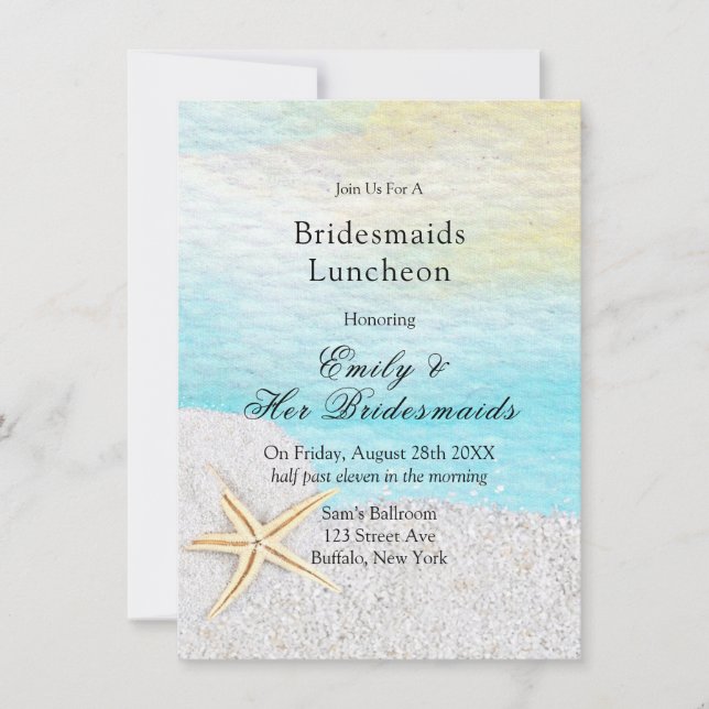 Convite Seaside Beach White Sand Bridesmaids Luncheids (Frente)