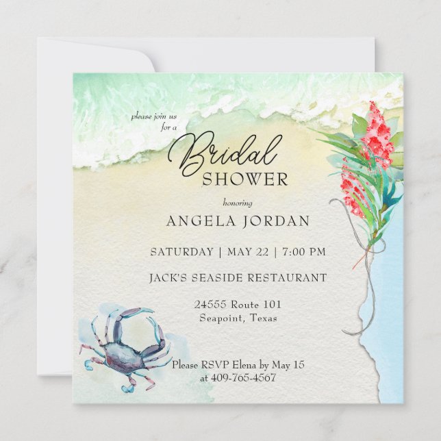 Convite Seaside Blue Crab Tropical Bridal Shower (Frente)