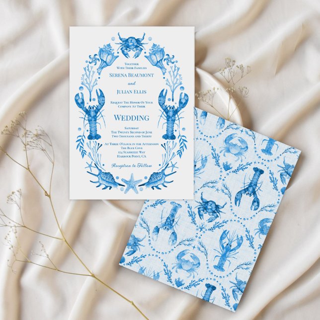 Convite Seaside Elegance Blue Watercolor Coastal Wedding  (Seaside Elegance Blue Watercolor Coastal Wedding Invitation)