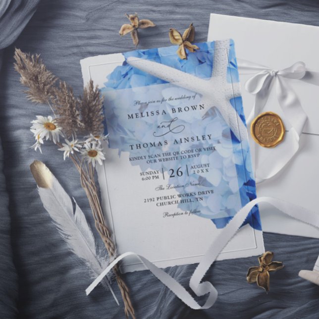 Convite Seaside Garden Starfish Hydrangea QR Code Wedding (Criador carregado)