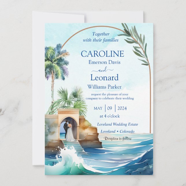 Convite Seaside Love: Tropical Beach Wedding Invitation (Frente)