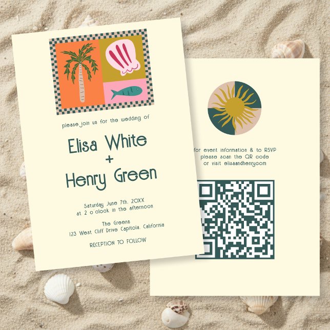 Convite Seaside Soiree Moderno Fofo QR PERSONALIZADO (Seaside Soiree Modern Cute CUSTOM QR Wedding Invitation
)