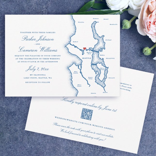 Convite Seattle All-in-One QR code RSVP Blue Wedding (Seattle Budget Wedding Invitations All in one, QR code RSVP elegant Navy Blue by Coastal Map Designs)