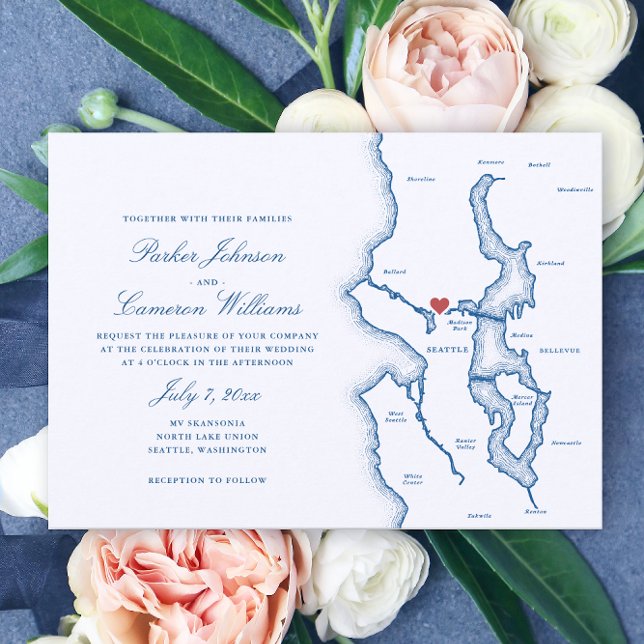 Convite Seattle Lake Washington Map Elegant Navy Wedding (Seattle Lake Washington Wedding Invitation in Elegant Navy Blue from Coastal Map Designs)