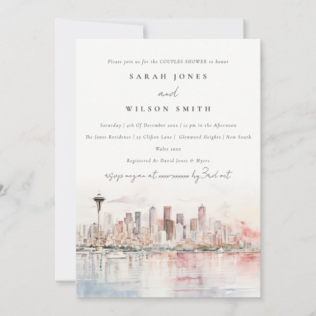 Convite Seattle Washington Aquarela Casal Chuva de Present (Frente)