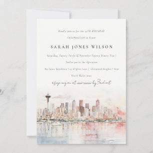 Convite Seattle Washington Aquarela Paisagem Aniversário