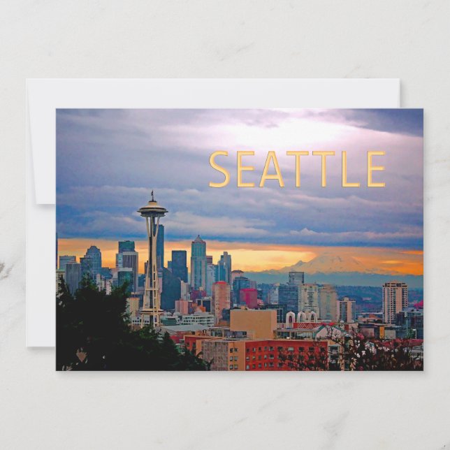 Convite Seattle Washington Skyline no Sunset TEXT SEATTLE (Frente)