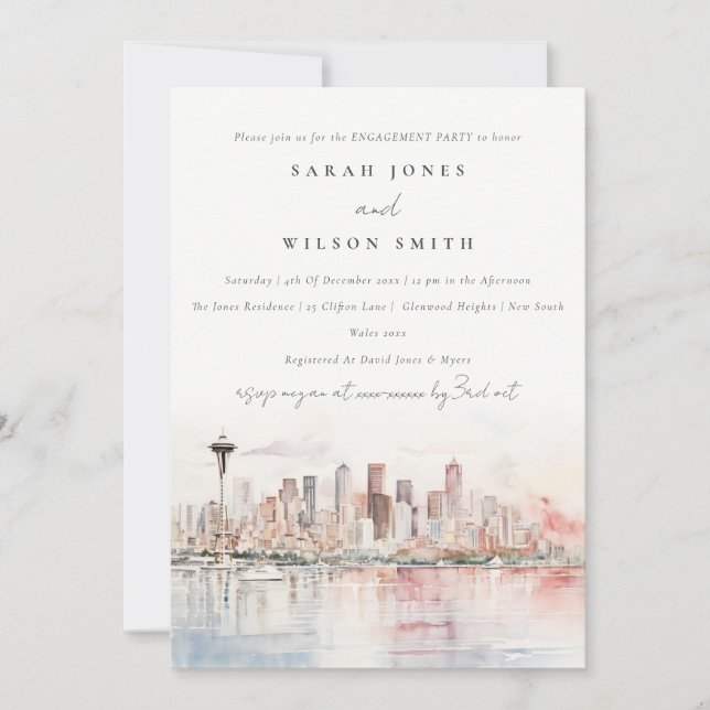 Convite Seattle Washington Watercolor Landscape Engagement (Frente)