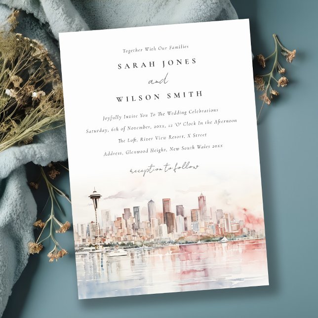 Convite Seattle, Washington Watercolor Landscape Wedding (Criador carregado)