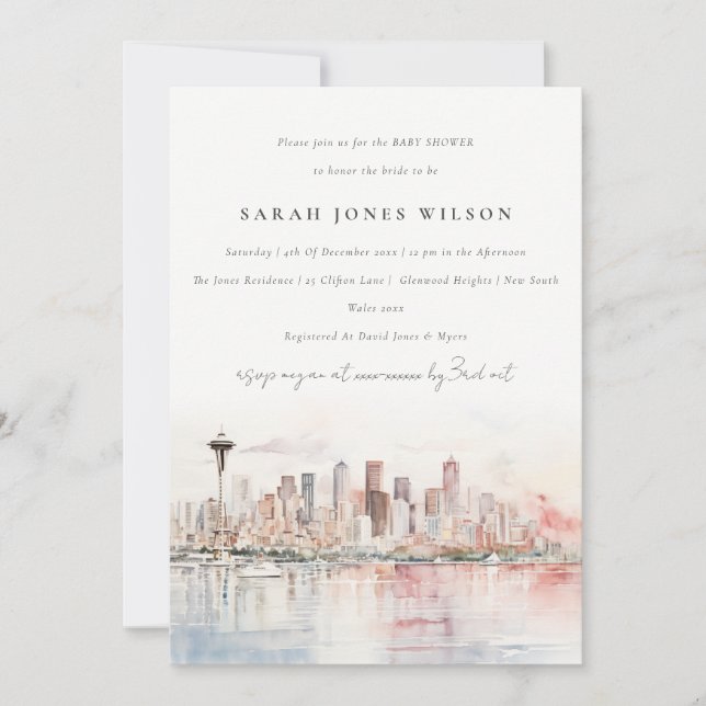 Convite Seattle Washington Watercolor Scape Baby Shower (Frente)