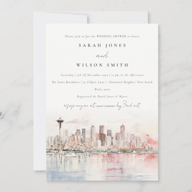 Convite Seattle Washington Watercolor Scape Wedding Shower (Frente)