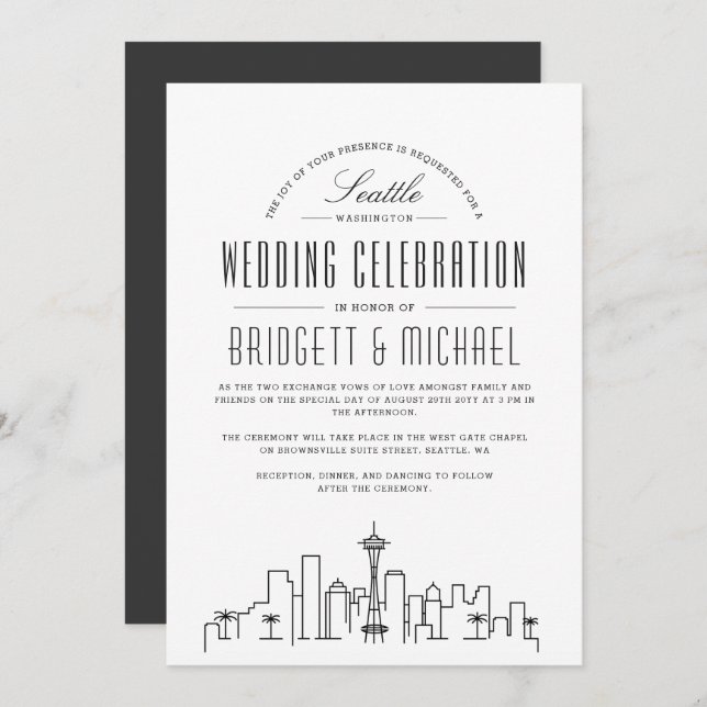 Convite Seattle Wedding | Skyline Moderno Deco (Frente/Verso)