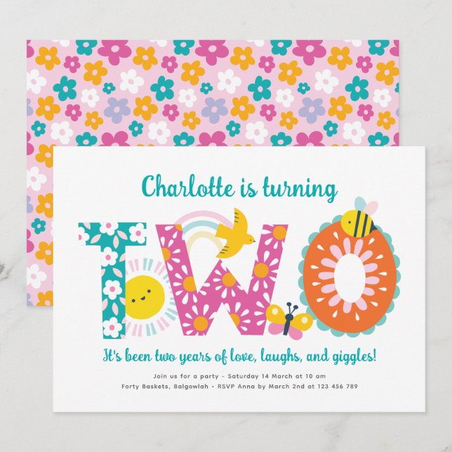 Convite Second Birthday Invite Girl, Fun Spring Birthday (Frente/Verso)