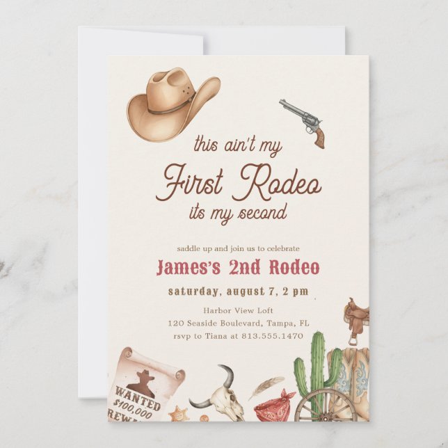 Convite Second Rodeo Vintage Rustic Cowboy 2nd Birthday (Frente)