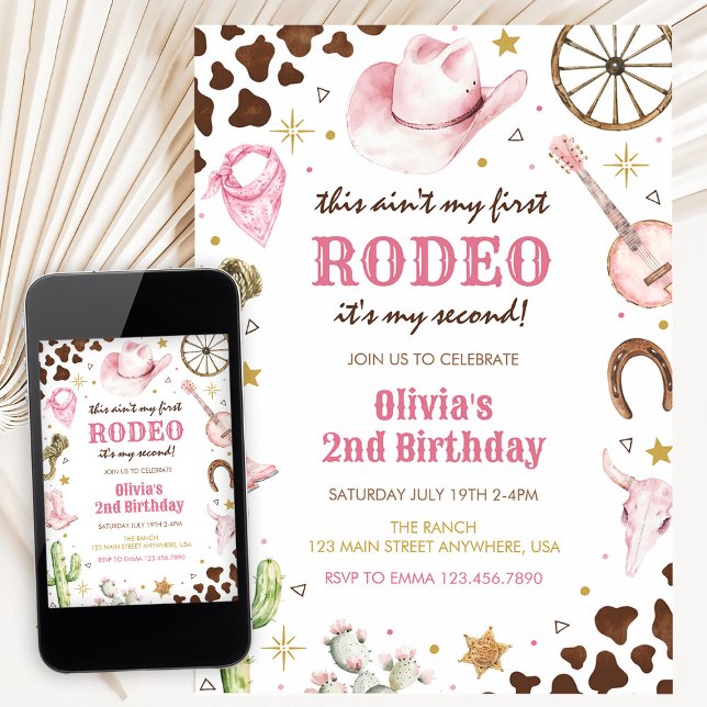 Convite Second Rodeo Western Pink Cowgirl 2nd Birthday (Criador carregado)