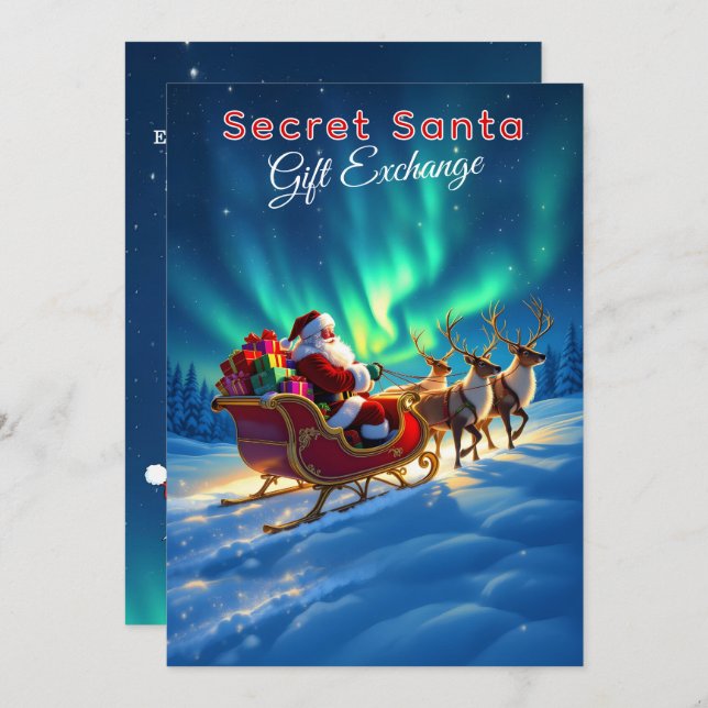 Convite Secret Santa Sleigh & Northern Lights 5x7 Party (Frente/Verso)
