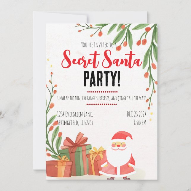 Convite Secret Santa Watercolor Christmas Party  (Frente)