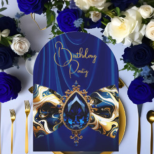 Convite Seda Azul de Aniversário Jóia Dourada Falsa Paisle