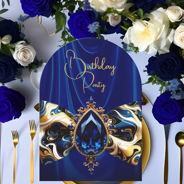 Convite Seda Azul de Aniversário Jóia Dourada Falsa Paisle (Criador carregado)