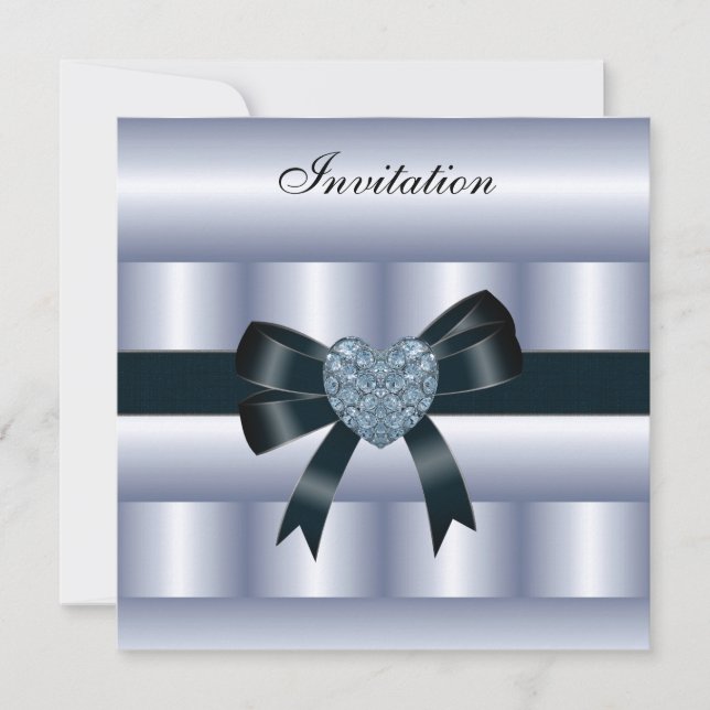 Convite Seda Azul Prata Preto Diamante Coração (Frente)