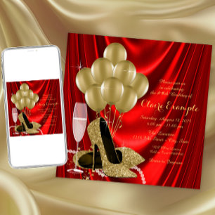 Convite Seda de Festa de Aniversário Vermelho e Dourado de