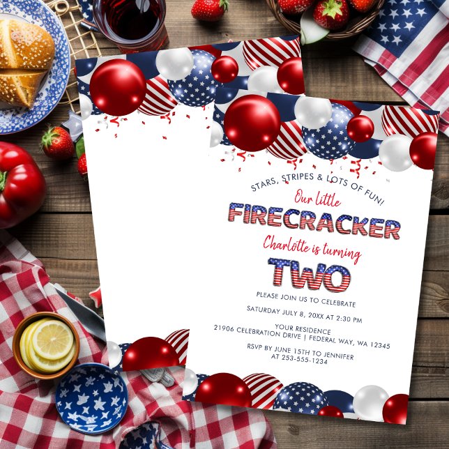 Convite Segunda Festa de Balões de Queimaduras de Aniversá (Second Birthday Little Firecracker Balloon Party Invitation)