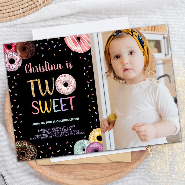 Convite segundo 2 cores doces Fotografia Rosquinha Anivers (2nd Two Sweet Colors Photo Donut Birthday Invitation)