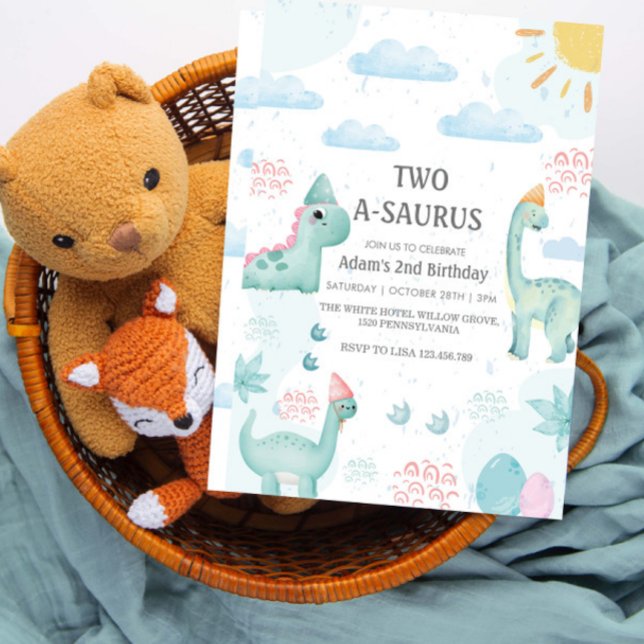 Convite segundo aniversário Blue Watercolor Dinossauro (Criador carregado)