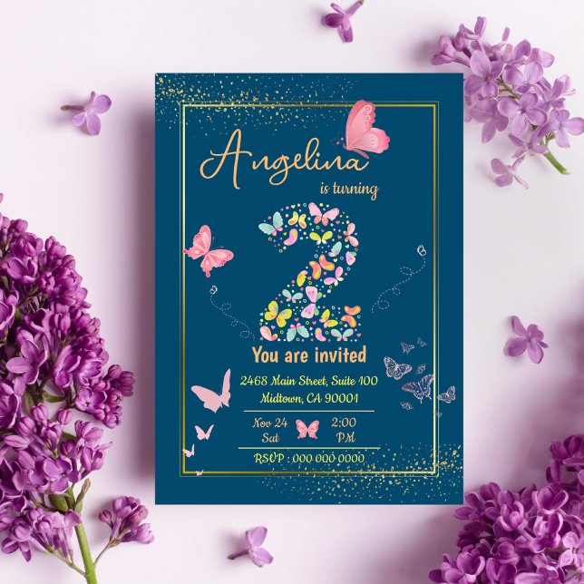 Convite Segundo aniversário bonito de borboletas de flauti (Criador carregado)