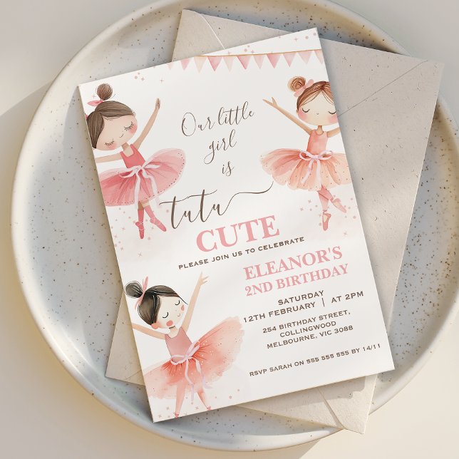 Convite Segundo aniversário Branca Rosa Tutu Ballerina (Tutu Cute 2nd Birthday Invitation Template Ballerina Birthday Invitation Ballet Second Birthday
)
