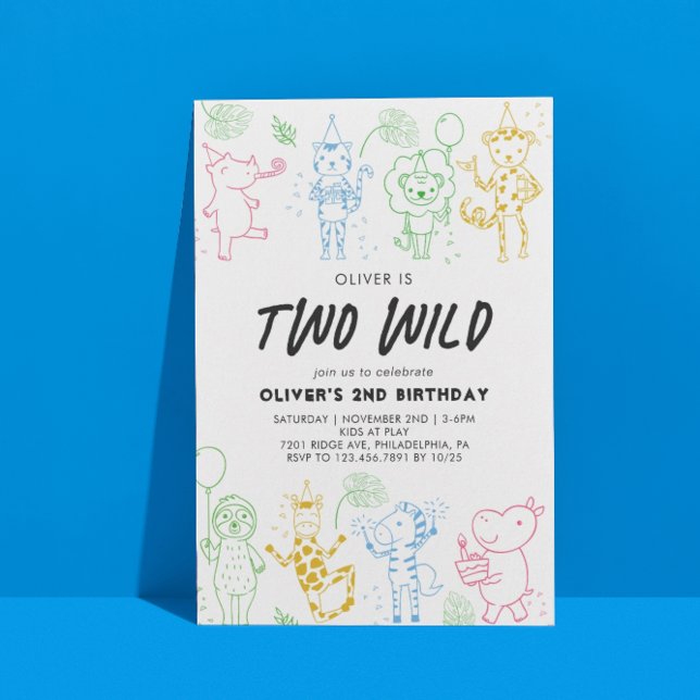Convite Segundo aniversário de animais de festas de rabisc (Criador carregado)
