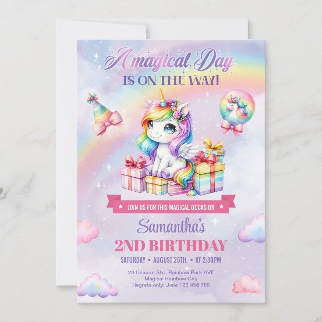 Convite Segundo aniversário de Aquarela Púrpura de Unicórn (Frente)