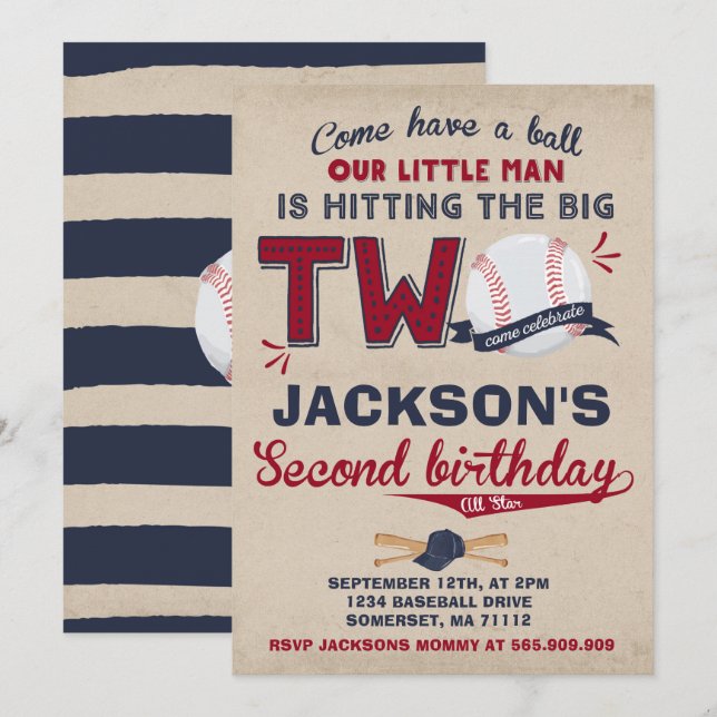Convite Segundo aniversário de Baseball de Aniversário de  (Frente/Verso)