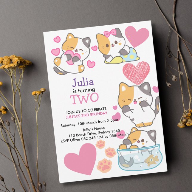 Convite segundo aniversário de bebê gatinho (Criador carregado)